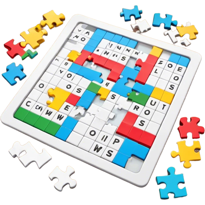 A photorealistic icon with a colorful, fragmented puzzle piece, a crossword magazine, a 3D puzzle, and a partially completed puzzle on a table. Bright, detailed design with realistic lighting. Transparent background, clearly symbolizing puzzles and brain games. emoji