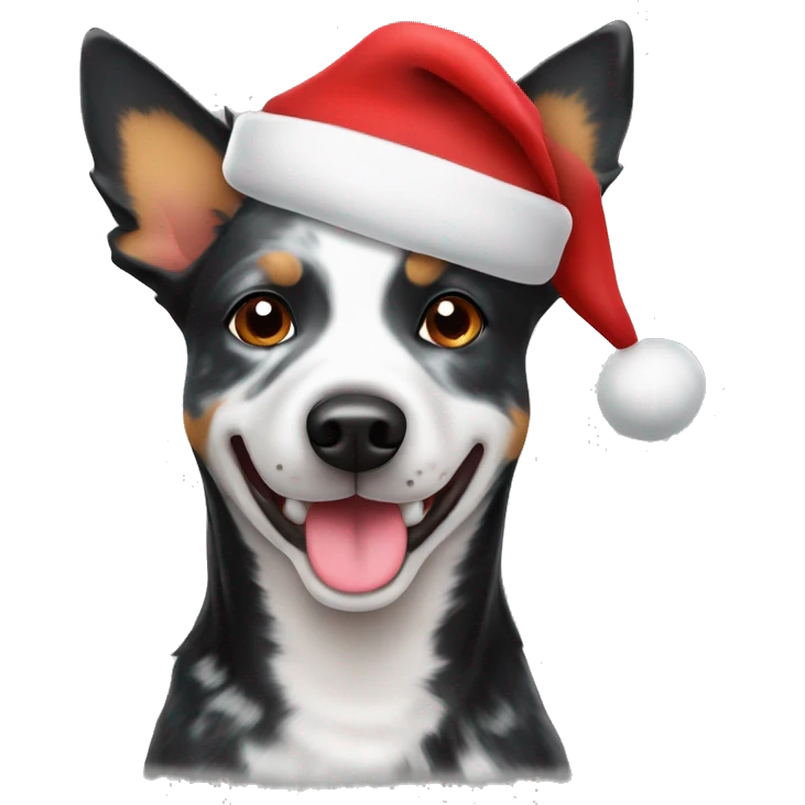 Black and white Australian cattle dog in Santa hat emoji