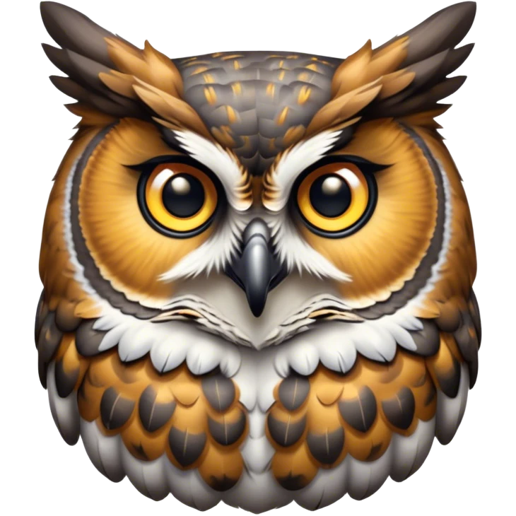 Cinematic Cute Great Horned Owl Portrait Emoji, Head tilted playfully and inquisitively, featuring a lush mottled Fur with intricate patterns of gray and white, round, sparkling golden eyes filled with curious wonder, Simplified yet irresistibly adorable features, highly detailed, glowing with a warm, friendly glow, high shine, affectionate and wise, stylized with a touch of nocturnal whimsy, bright and endearing, soft glowing outline, capturing the essence of a mischievous yet loving owl, so playful it feels like it could glide out of the screen and perch in your arms! emoji