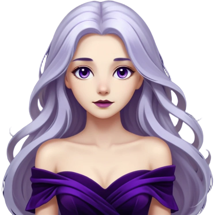 A portrait of a striking woman with long silver hair and a captivating gaze. She’s dressed in a deep purple, off-shoulder dress, with a dark, velvety background and soft light accentuating her features, creating a dramatic, almost ethereal atmosphere emoji