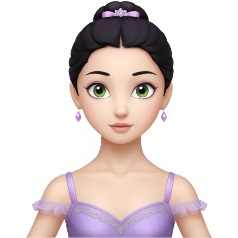 Cinematic Realistic ballerina Light Purple Portrait, depicted with lifelike skin texture, subtle rosy undertones, and soft natural lighting that enhances the gentle contours of her face. Her intricately detailed sweet black hair is elegantly styled, green eyes emoji