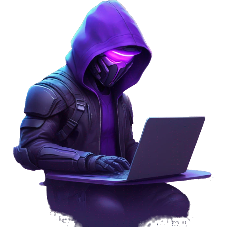 Side view developer behind his laptop with this style : crysis Cyberpunk Valorant neon glowing bright purple character purple violet black hooded assassin themed character emoji