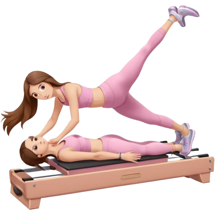 pretty white teen with hazel eyes and long brown hair and a small waist in light pink workout clothes in a plank on a pilates reformer emoji