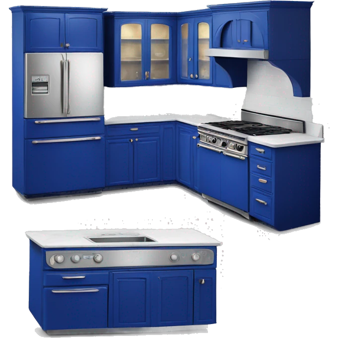 Isolated full length Realistic royal blue vintage retro kitchen range with cabinets and counters. emoji