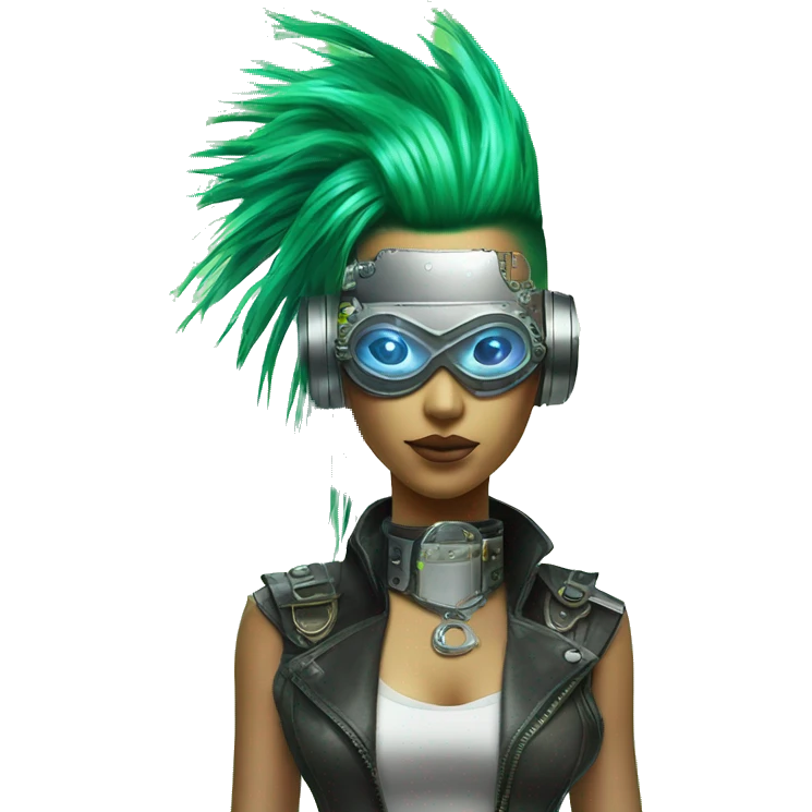 Neon green Mohawk hair Asian female cyborg head with silver steampunk goggles and circuits emoji