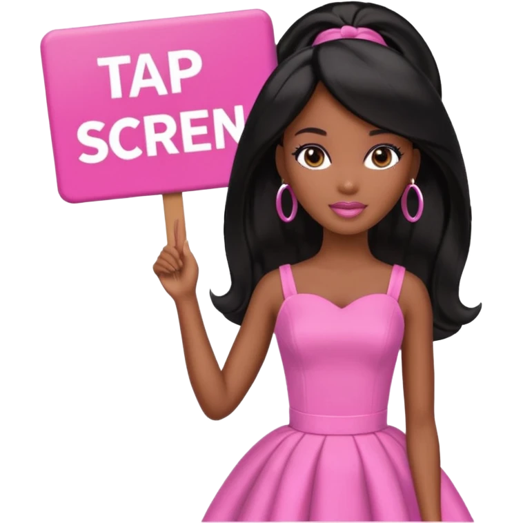 Black barbie, long black  hair, pink dress holding sign, that says "tap screen" emoji