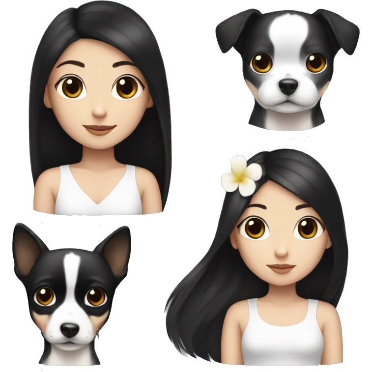 Korean girl with long black hair There is a black and white Chihuahua. emoji