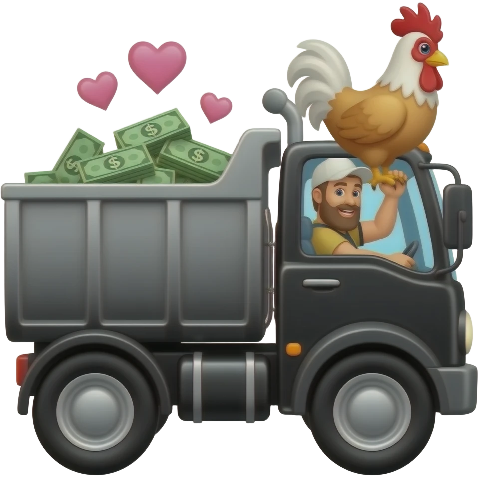 Black dump truck carrying money with pink hearts and with a rooster, driver with Handsome beard  emoji