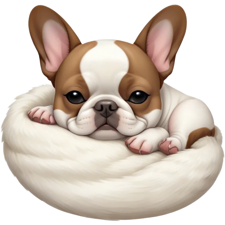 Meme-Worthy Cute Sleeping Pied French Bulldog Portrait Emoji, Head resting peacefully with a gentle, contented smile and eyes softly closed in serene repose, showcasing a distinctive pied fur of contrasting hues and a lovable, relaxed expression, simplified yet irresistibly adorable, highly detailed, glowing with a soft, drowsy radiance, high shine, exuding calm, endearing charm, styled with a gentle, soft glowing outline, capturing the essence of a sleeping Pied French Bulldog that appears destined to be the next viral symbol of adorable, sleepy delight! emoji