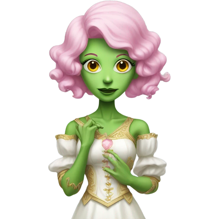 a green amazon alien woman in Victorian white gold full body pink hair emoji