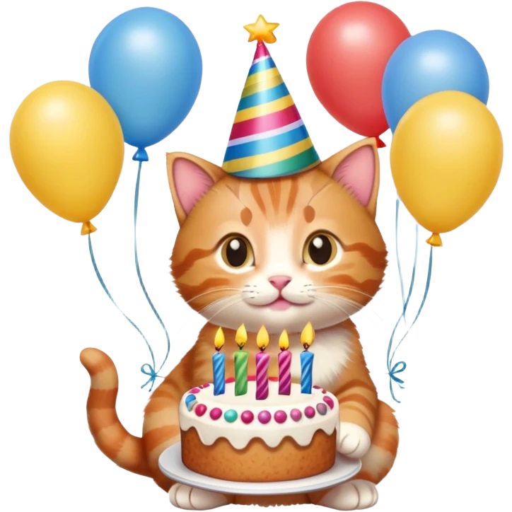 Ginger tabby kitten celebrates birthday, birthday hat, birthday cake, balloons, happy, gifts emoji