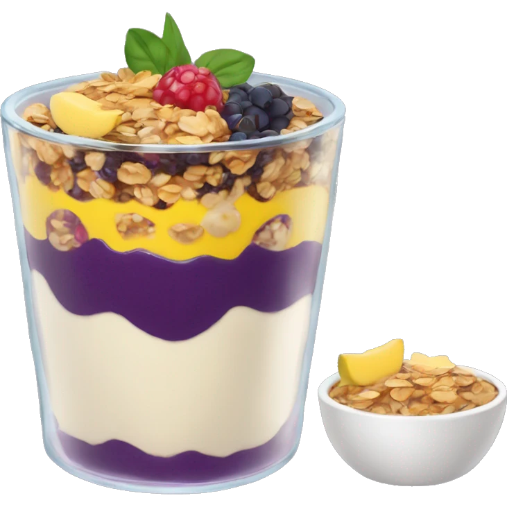 Açaí in a clear cup with layers of fruits and granola and condensed milk emoji