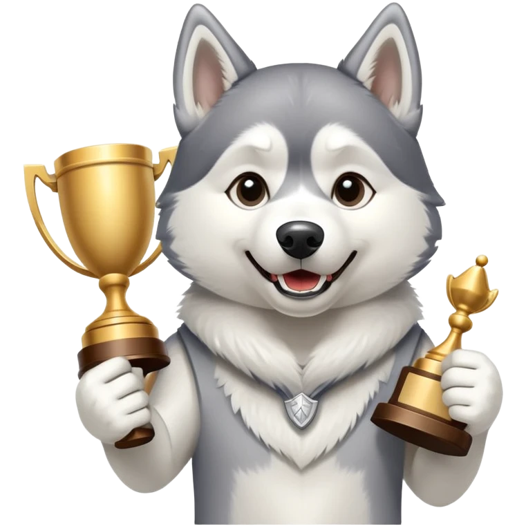 Triumphant husky dog with trophy emoji