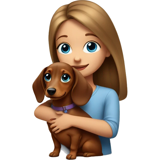 A girl with blue eyes hugs a dachshund puppy emoji