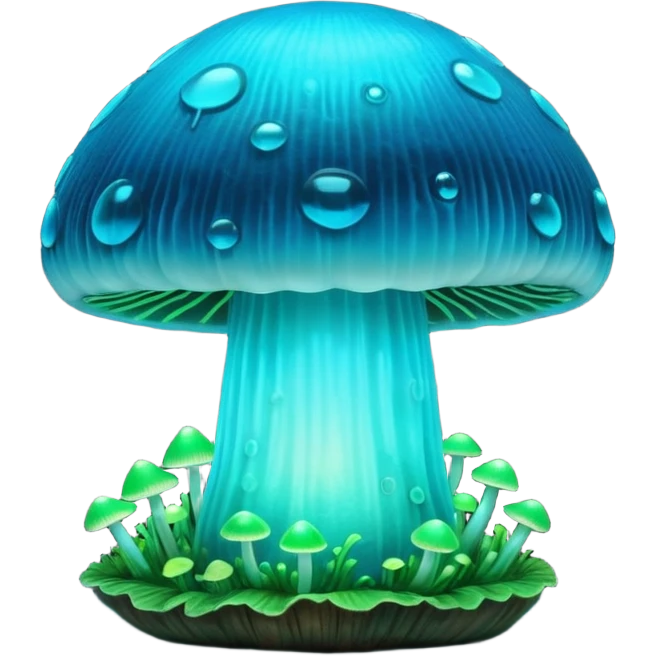 3D render of Glowing Mushroom, bioluminescent deep sea style, glowing neon blue and green lights, dark background to contrast the glow, translucent organic textures. emoji