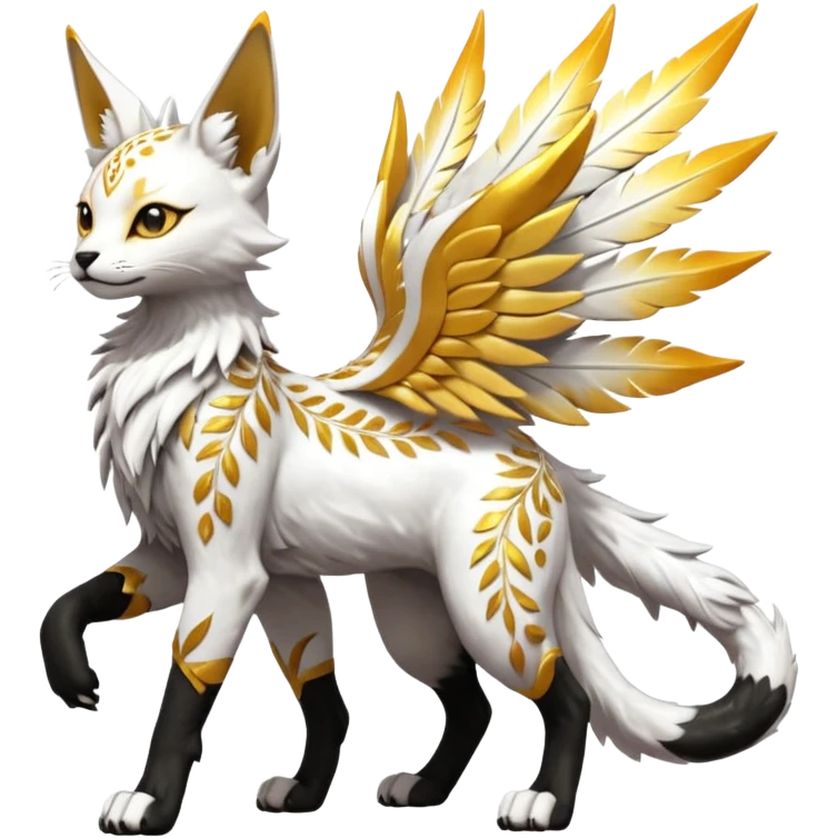 Epic complex fantasy glorious detailed futuristic divine godly angelic feathery sunny, white, albino, pastel, golden, orange glowing sparkly, realistic Fakémon-Sprigatito-Floragato-Meowscarada-Trico-Sergal-Serval-Solgaleo-Vernid-creature (full body) solarpunk, shiny sparkly with a gold laurel emoji