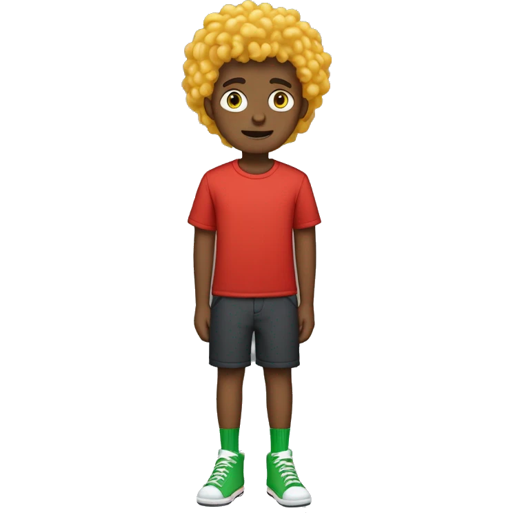 Tall boy with curly yellow hair and green eyes wearing red t shirt, white shorts, blue socks and black trainers emoji