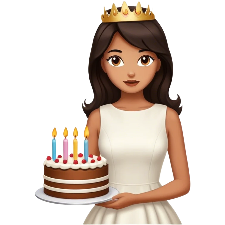 Beautiful woman in 1965’s woman fashion look, white dress, long dark brown hair, birthday cake emoji