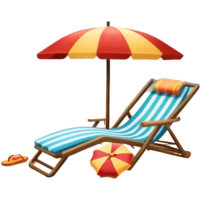 Icon for Beach Tourism: a sandy beach with a ocean skyline in the background, lounge chair, sun umbrella and flip-flops. The icon should capture the relaxation and fun of a beach vacation. Transparent background emoji
