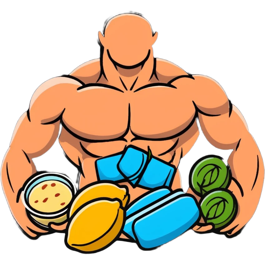 Vibrant muscle fibers in the center, with protein foods (meat, egg, beans, tofu, yogurt) connected together in a unified chain or cluster, floating together around the muscle fibers like a connected orbital ring. emoji