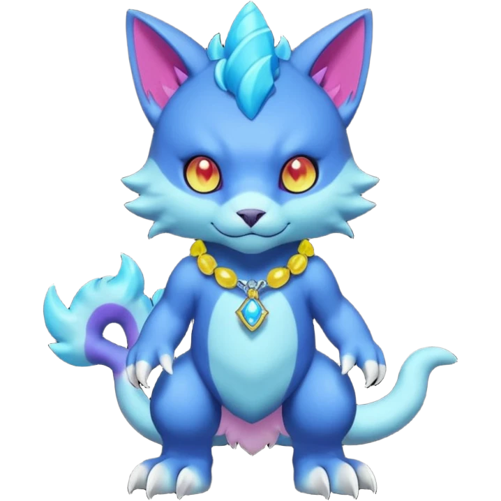 Colorful neon glowing abyssal garurumon-purloin-feline-Fakemon-Digimon-creature wearing a cool casual fashionable aesthetic clothes and accessories and jewelries and apparels fursona (full body)  emoji