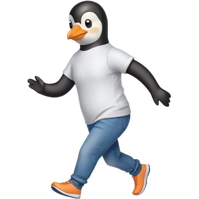 friendly anthropomorphised penguin in jeans and a t-shirt jogging upright standard pose no sunglasses emoji