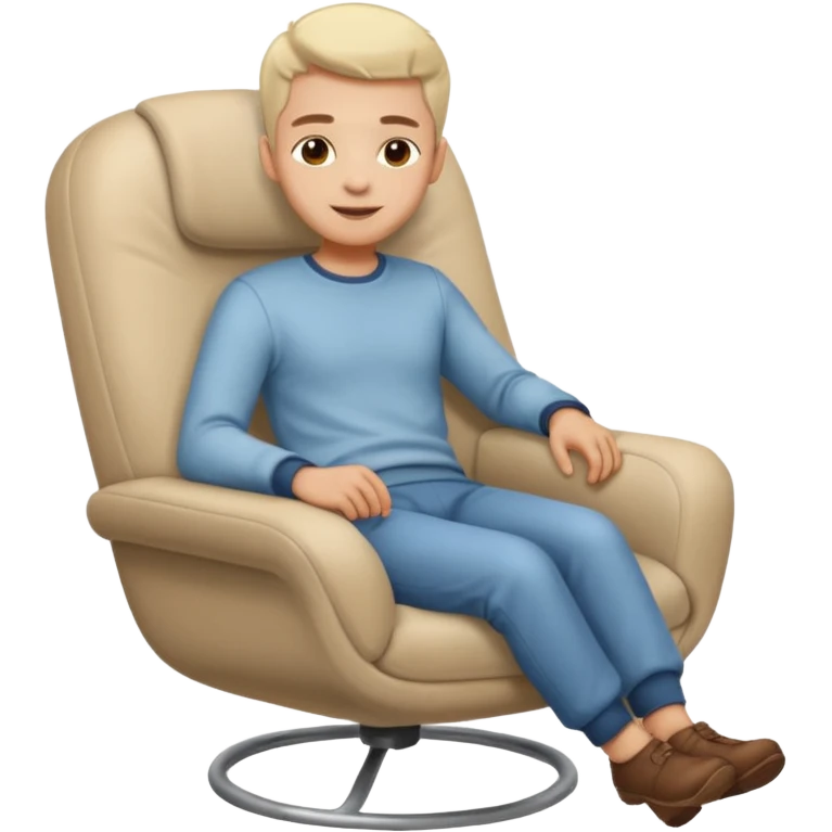 Emoji-style person relaxing on leaning chair, happy and content, rounded features, soft shading, emoji