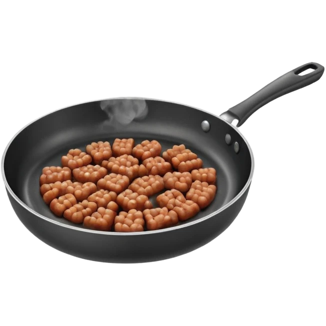 A 3D cartoon frying pan with minced meat being cooked, slight steam, realistic texture, Memoji-style. emoji