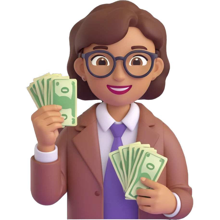 agender emoji with nerdy style glasses, smiling, holding money in one hand, androgynous features emoji