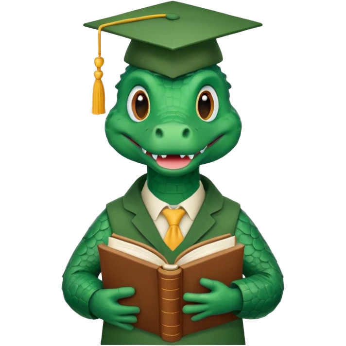 A claymation-style academic alligator with a book. The background is a solid white circle emoji