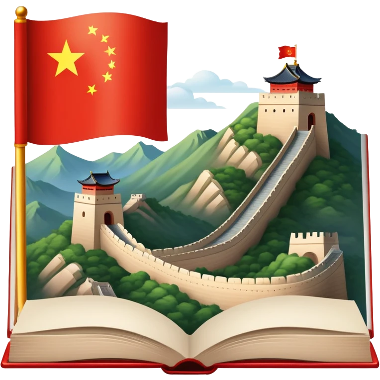 An icon featuring the Great Wall of China and the big flag of China, symbolizing the Chinese language. The design includes an open book with Chinese characters, representing language learning. Transparent background highlights the depth of Chinese heritage. emoji