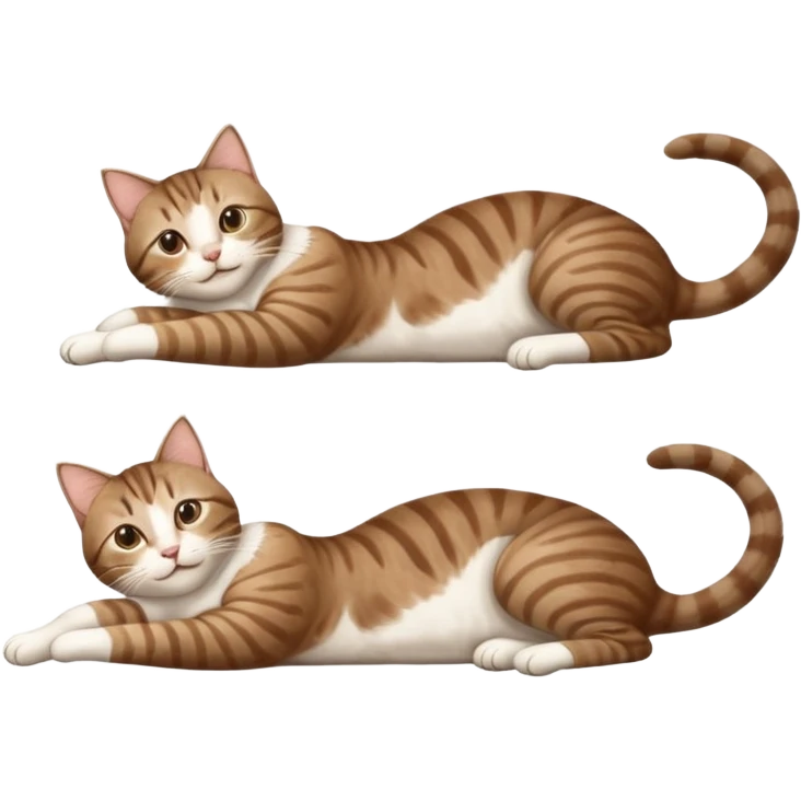 brown tabby and white cat with doing a big extremely long stretch reaching up into the air with arms and legs side by side together straight and overextended whilst lying on its side emoji