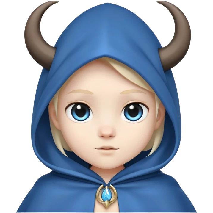 cute figure with blue cloak, black body, white eyes, little horns visible beneath the hood emoji