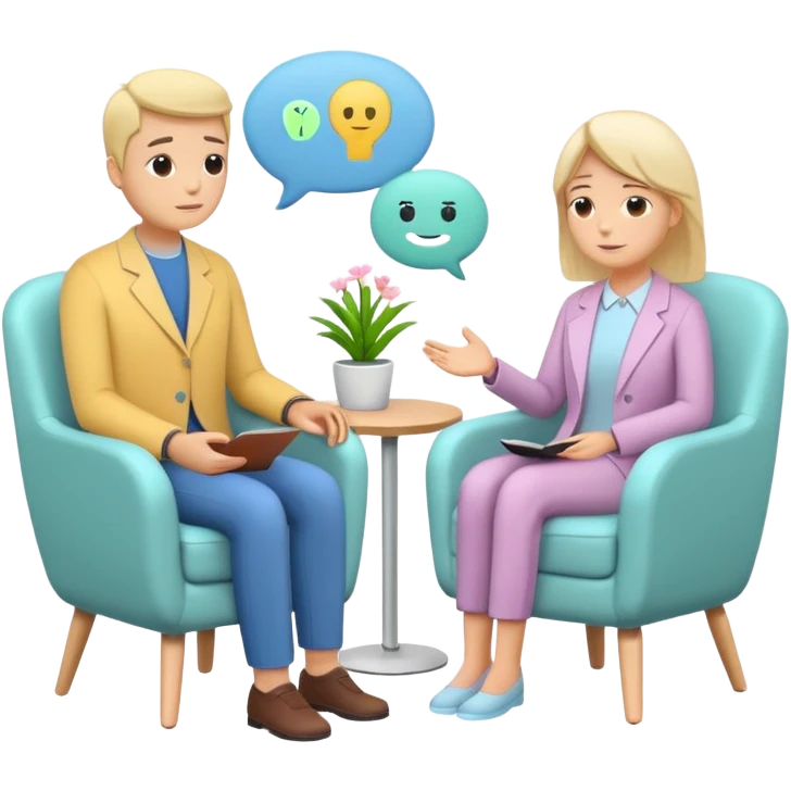 simplified human character sitting in a chair talking calmly with a psychologist, therapist listening attentively, safe and supportive atmosphere, mental health session, flat custom emoji sticker, pastel colors, rounded shapes, minimal details, thick outline, white background, no text emoji
