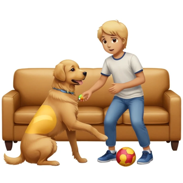 kid and dog playing with ball, living room background emoji