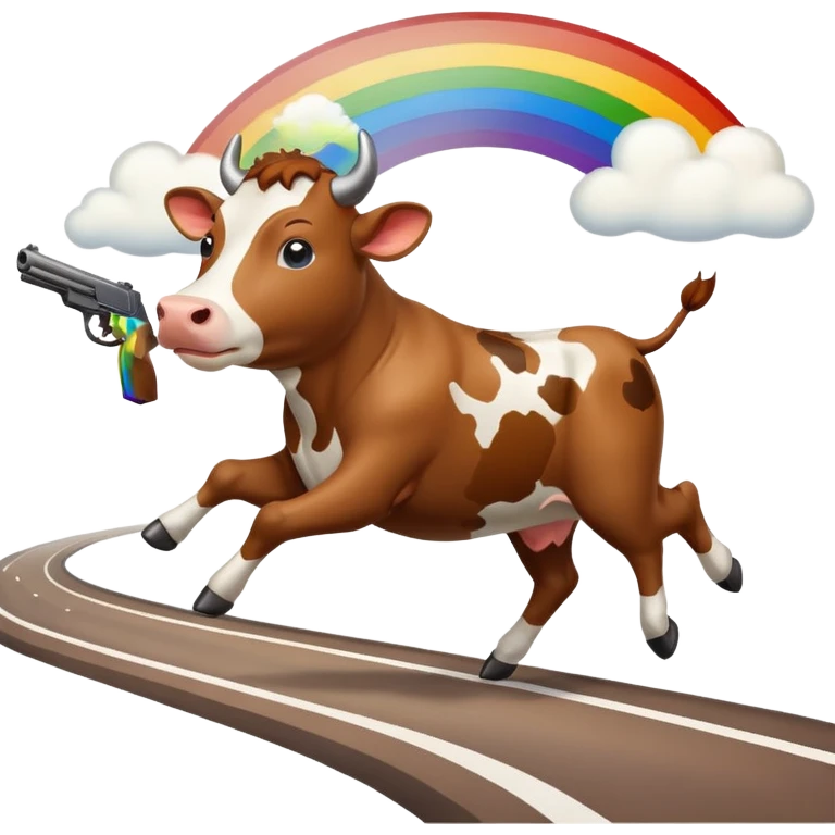 a cow running across a highway on a rainbow shooting a gun emoji