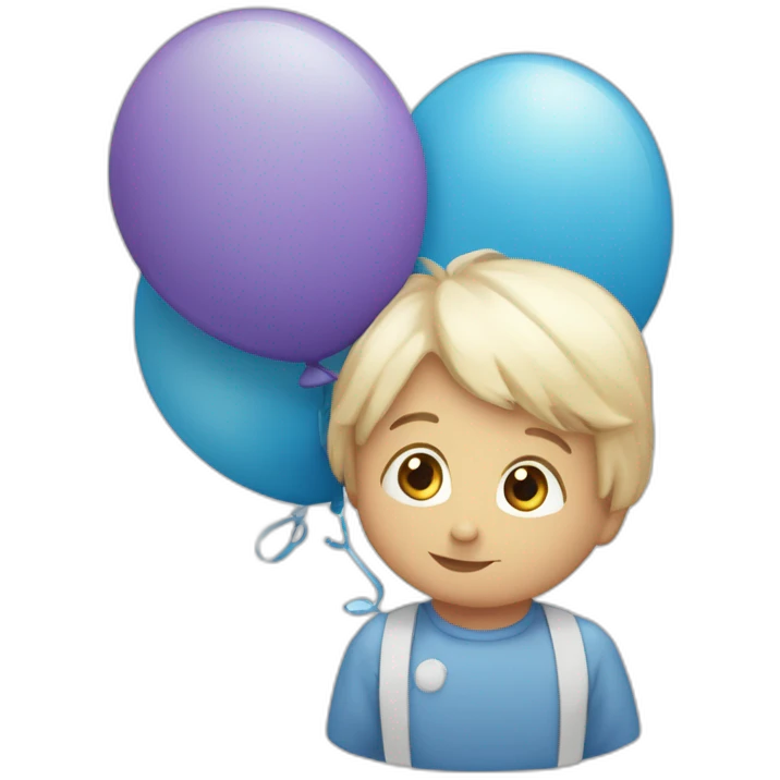 Un bambino in una culla con il fiocco azzurro e intorno tanti palloncini azzurri e una scritta MotiArt emoji