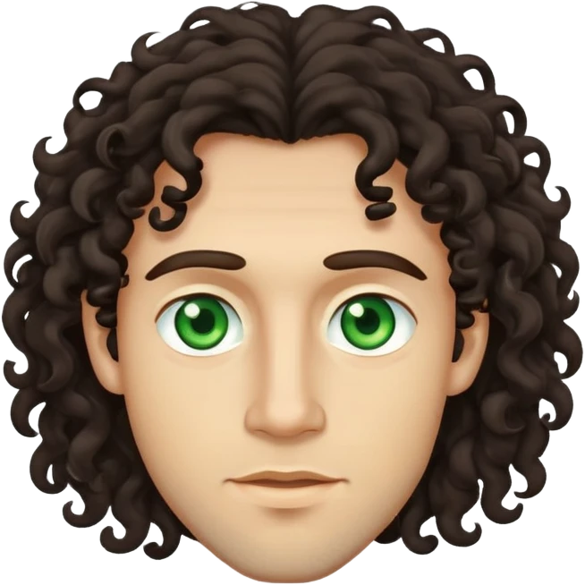 man with very long dark brown curly hair and light green eyes emoji