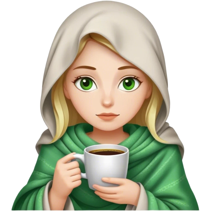 White girl in a blanket drinking coffee with green eyes emoji