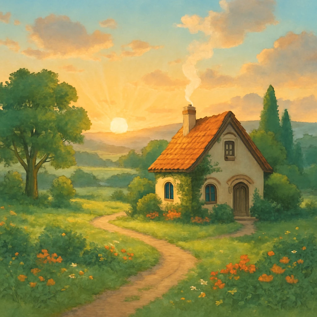 dream life as a peaceful landscape with a cozy house, sunrise, and nature, in ghibli style emoji