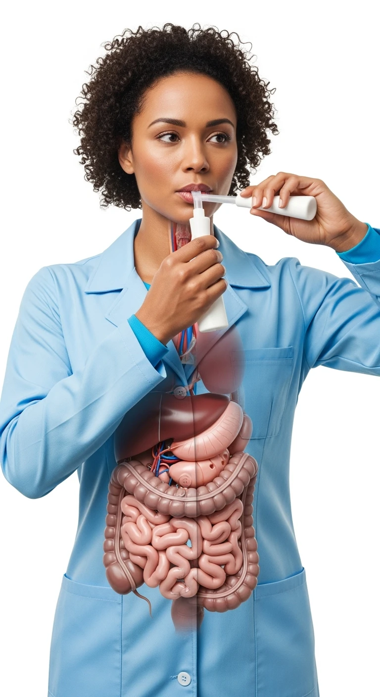 donna a figura intera con intestino anatomico realistico in evidenza che fa il "Breath test", iperrealistica 4k, sfondo bianco emoji