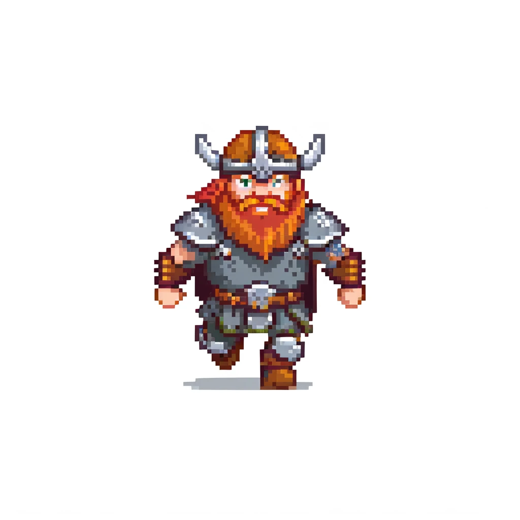 pixel art ginger viking with red beard and armor, running animation frame 2, mid-stride emoji