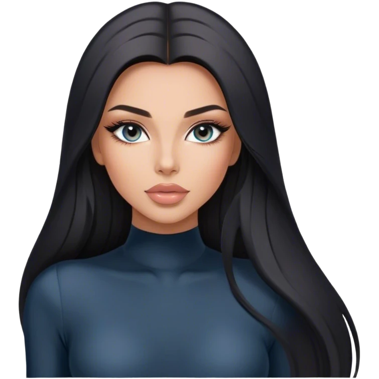 Glamours, tanned, very beautiful girl, with big pump peach-beige-rose lips, long long lashes, black straight smooth silky long hair, straight parting hair, blue-grey eyes in black long-sleeves bodysuit emoji
