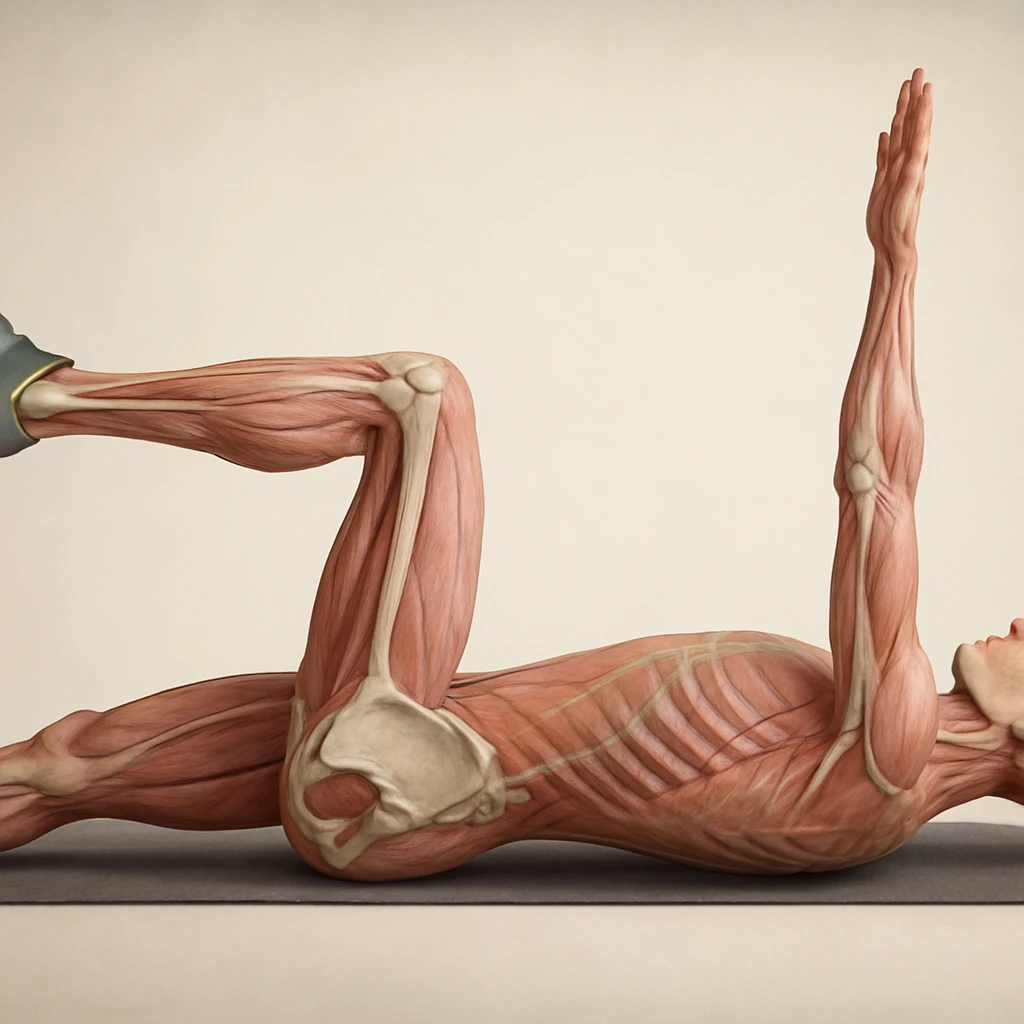 Anatomically hyperrealistic 4K side view of a man in dead bug position with the arm on the ground fully extended above the head, straight, showing pelvis and spine bones, translucent muscles and skin, medical atmosphere, realistic anatomical details. Variant 3, slightly change the position of the head. emoji