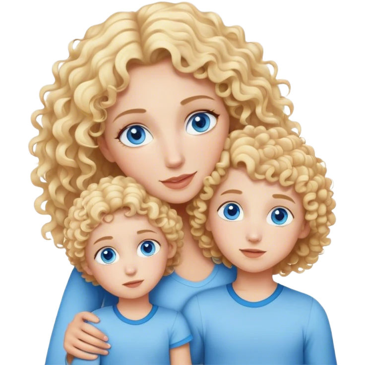 Curly haired blonde mom with blonde daughter and son twins blue eyes emoji