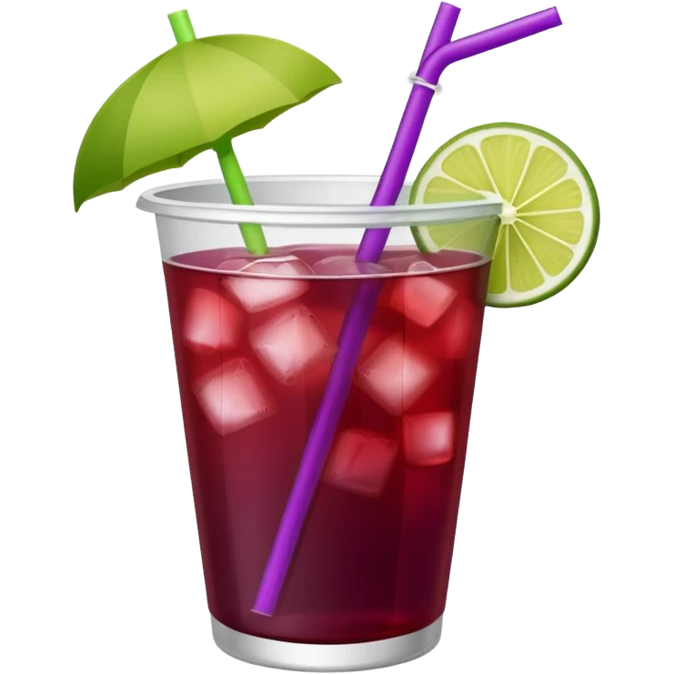 maroon purple cocktail with a lime wedge in the drink in a plastic cup with lid and straw - no lime on edge

 emoji