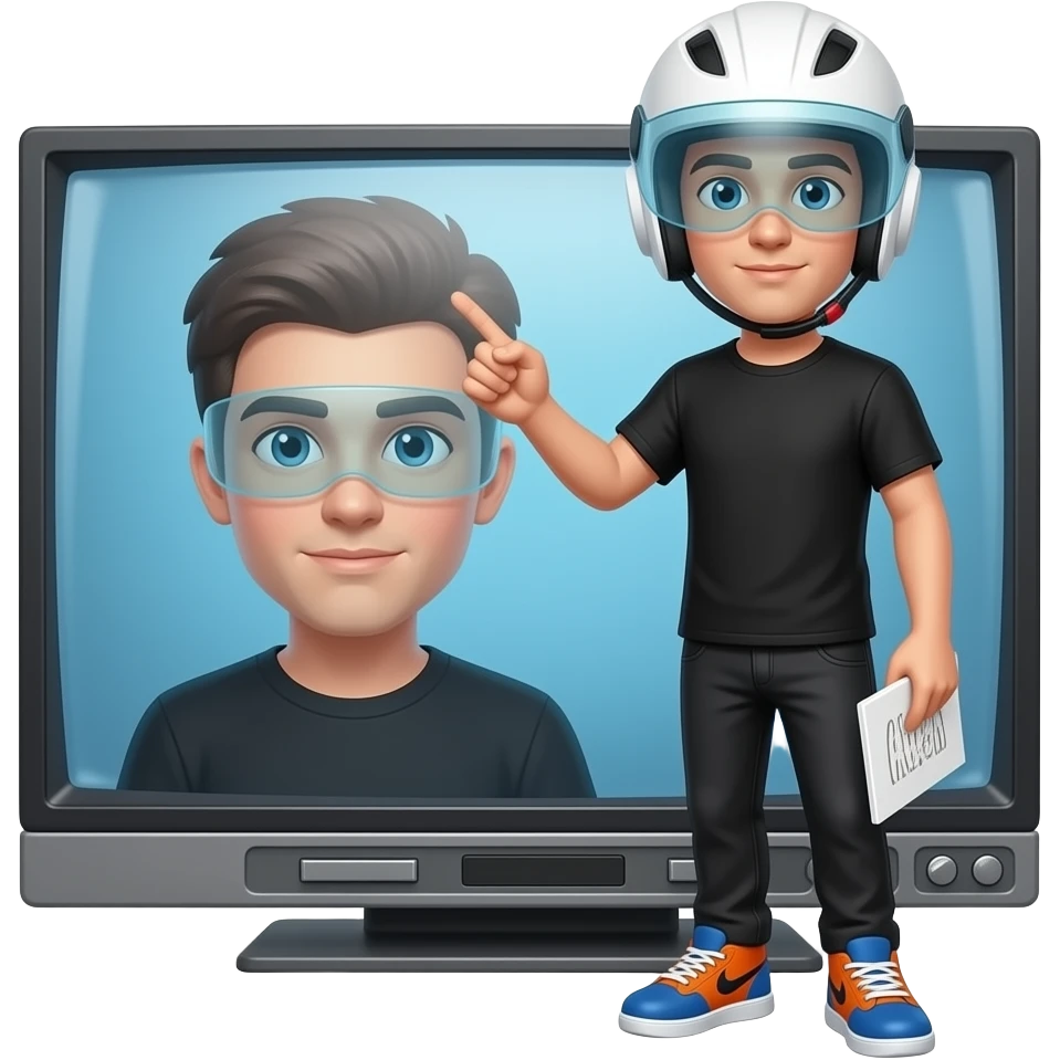 a young man in black t-shirt and a black pants wearing a white helmet with unvisible vision, the right shoe is colored blue and the left shoe is colored orange, the right hand holds a pointer and the left hand is holding a handy, he stand in front of a tv emoji