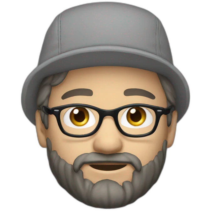 Man with long blonde hair blue eyes black rim glasses, beard and a light grey hat on backwards emoji