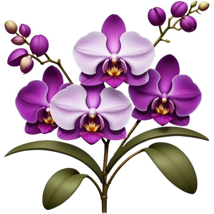 Masterpiece, still life, 4k, 8000x8000px, ultra detailed, hyperrealism, bold, vivid, incredibly beautiful, orchid flowers in a variety of purple and cream shades, vivid detailed leaves and stems, render. Must have transparent background. emoji