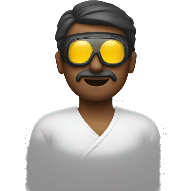 A man wearing Goggles doing namaste  emoji